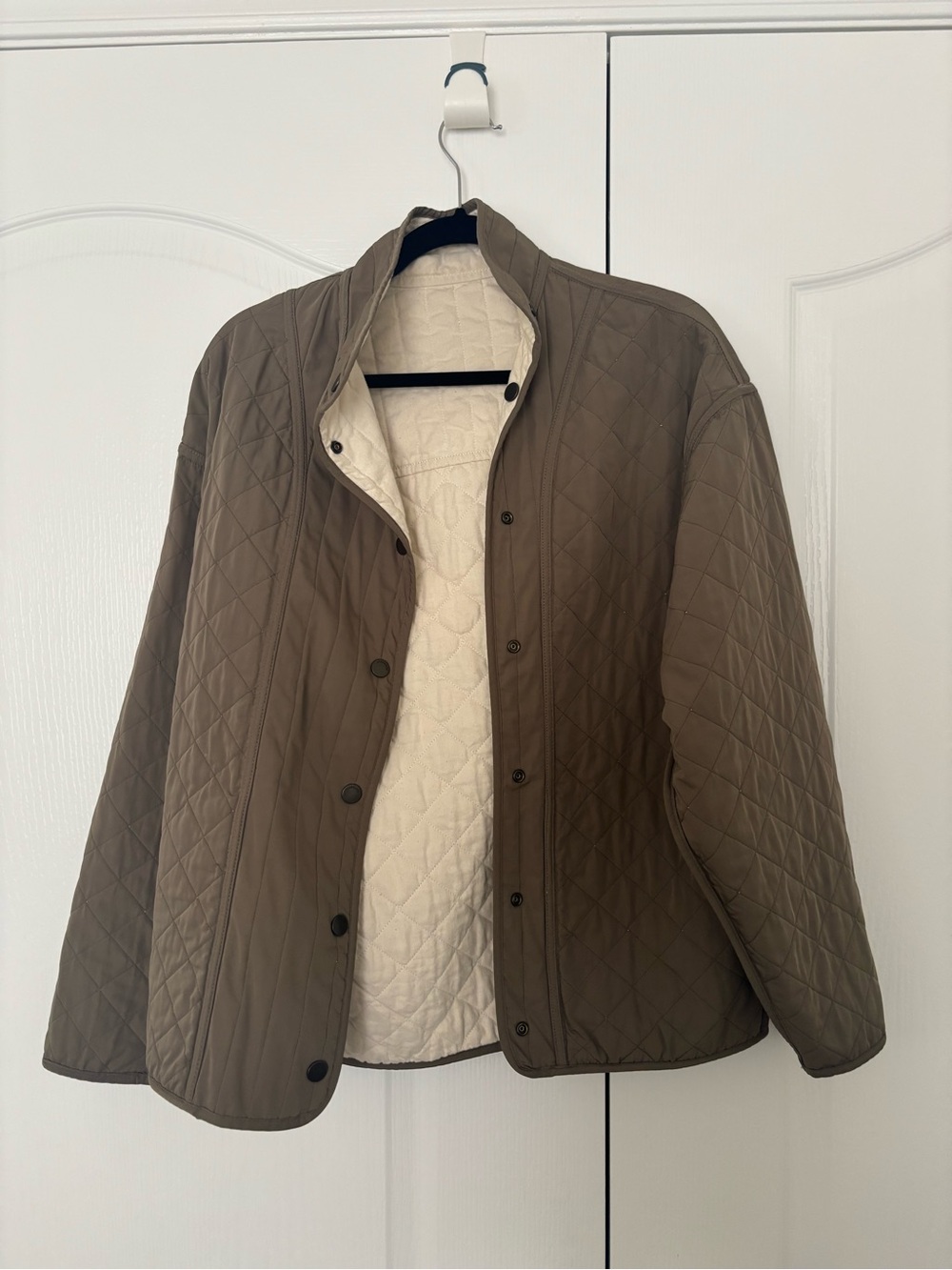 All Saints Quilted Reversible Puffer Jacket in Olive with Cream Lining